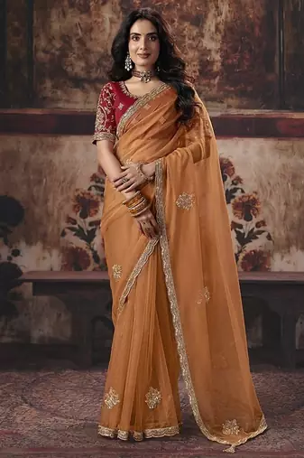 orange organza sequince work party wear saree