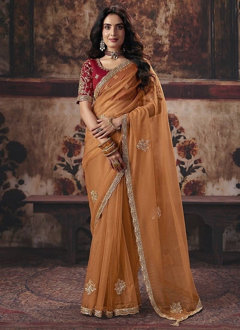 orange organza sequince work party wear saree
