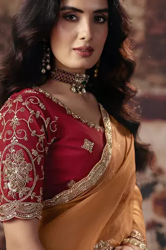 orange organza sequince work party wear saree