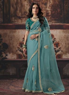 sky blue organza sequince work party wear saree 1