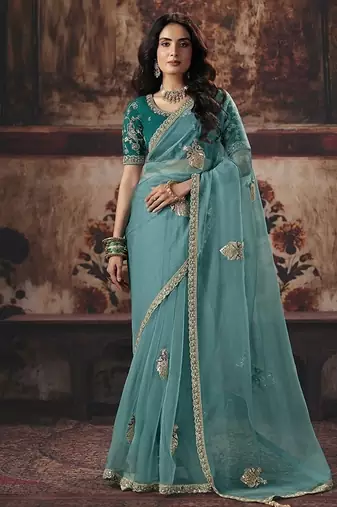 sky blue organza sequince work party wear saree