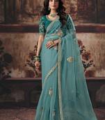 sky blue organza sequince work party wear saree