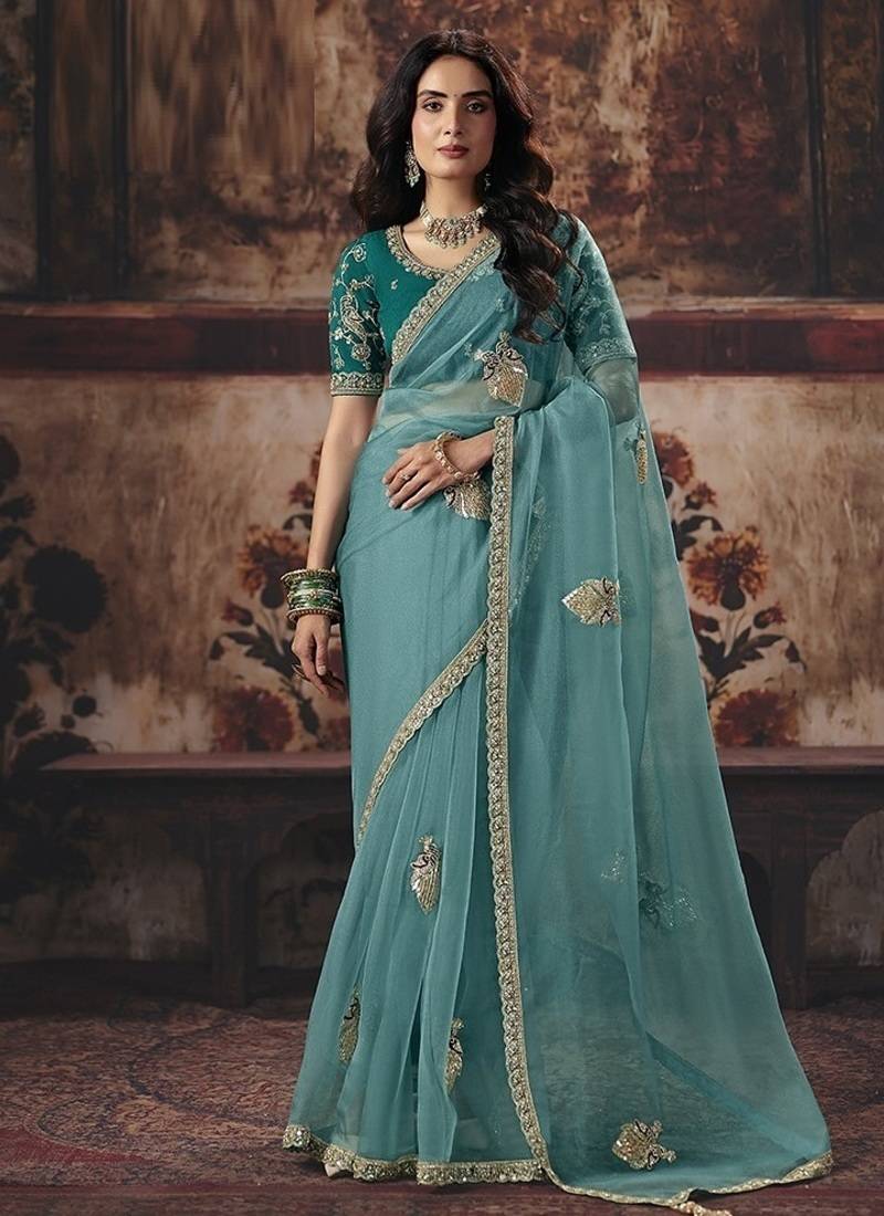 sky blue organza sequince work party wear saree