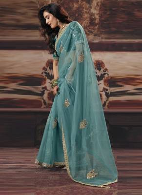 sky blue organza sequince work party wear saree 2