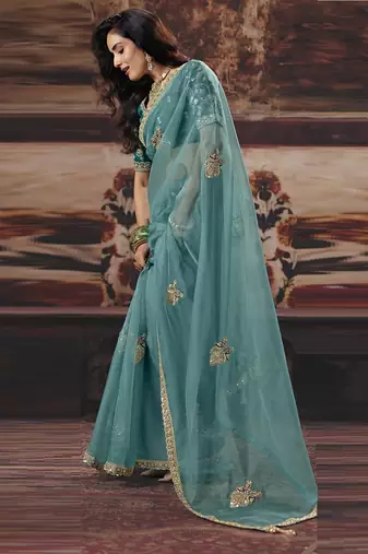 sky blue organza sequince work party wear saree