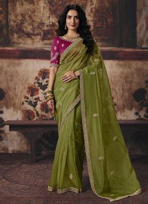 olive organza sequince work party wear saree 1