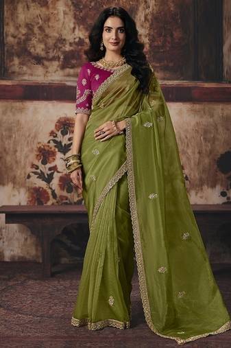 olive organza sequince work party wear saree