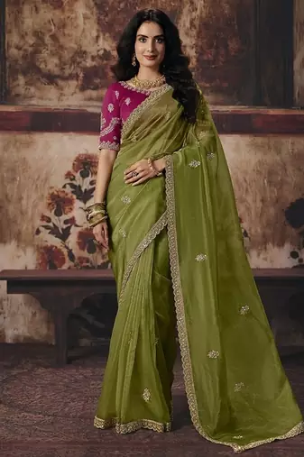 olive organza sequince work party wear saree