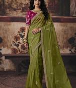 olive organza sequince work party wear saree