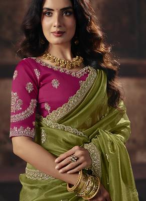 olive organza sequince work party wear saree 2