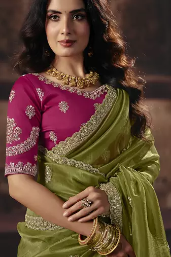 olive organza sequince work party wear saree