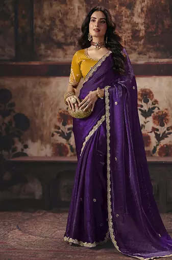 purple satin sequince work party wear saree