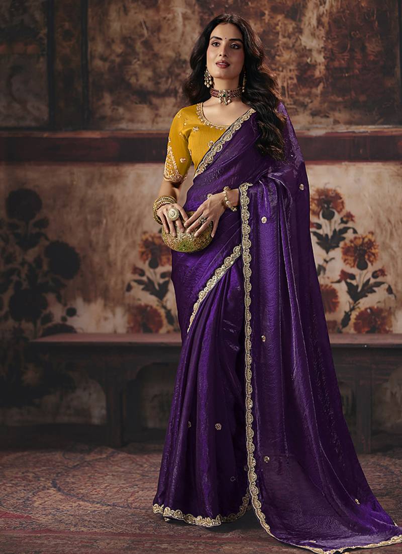 purple satin sequince work party wear saree