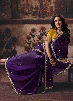 purple satin sequince work party wear saree 2