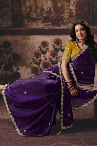 purple satin sequince work party wear saree