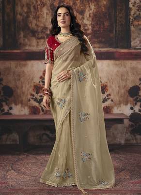 beige organza sequince work party wear saree 1
