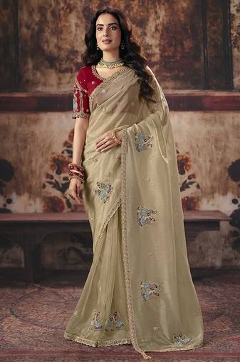 beige organza sequince work party wear saree