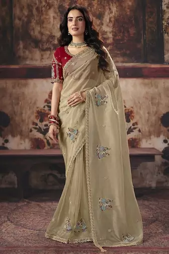 beige organza sequince work party wear saree