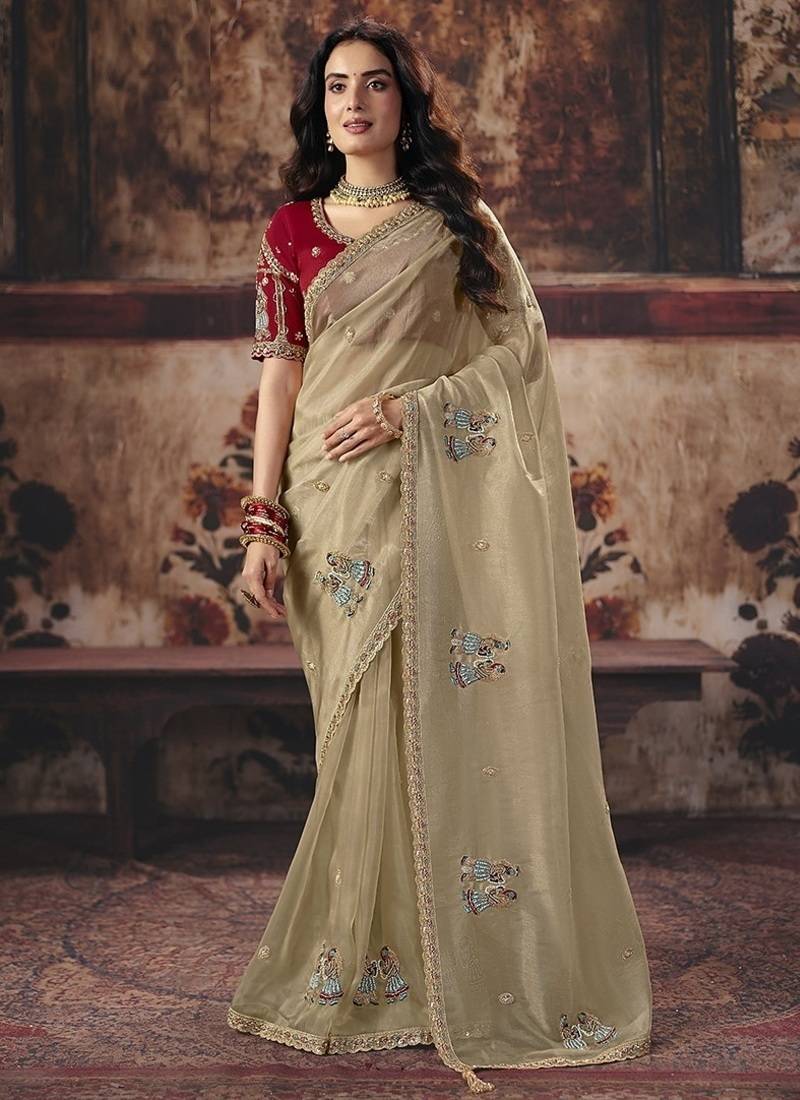 beige organza sequince work party wear saree