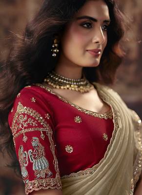 beige organza sequince work party wear saree 2