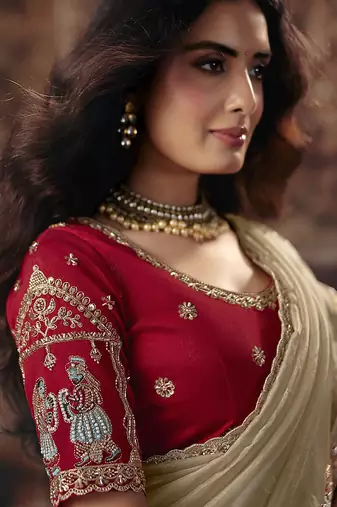 beige organza sequince work party wear saree