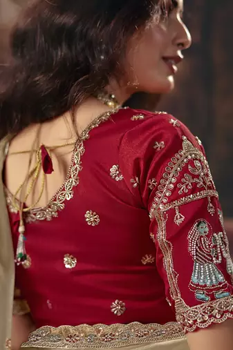 beige organza sequince work party wear saree