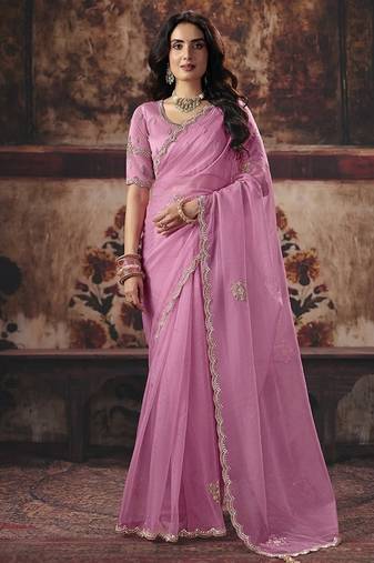 baby pink organza sequince work party wear saree