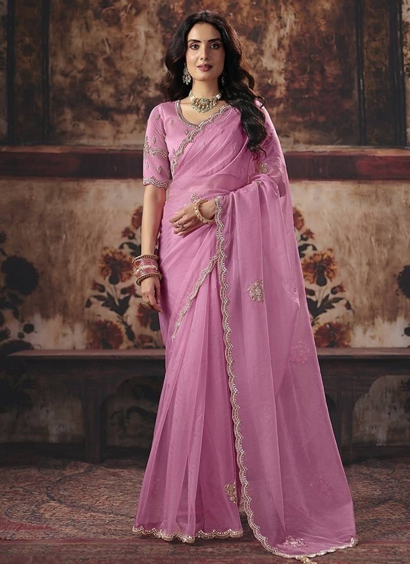 baby pink organza sequince work party wear saree