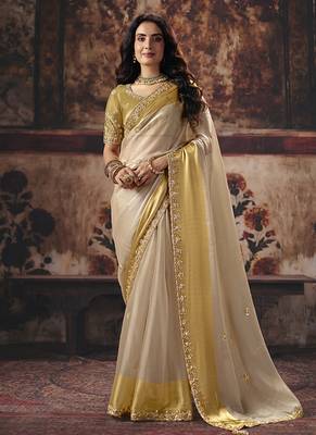 golden off white satin patta sequince work party wear saree 1