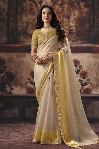 golden off white satin patta sequince work party wear saree