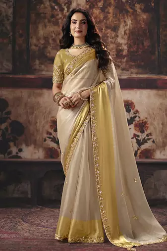 golden off white satin patta sequince work party wear saree