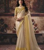golden off white satin patta sequince work party wear saree