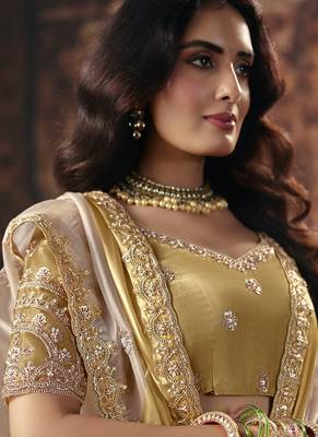 golden off white satin patta sequince work party wear saree 2