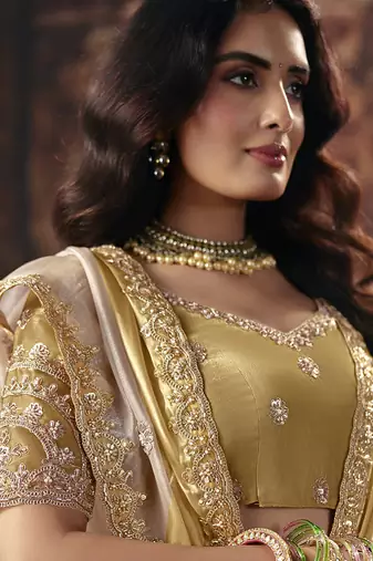 golden off white satin patta sequince work party wear saree