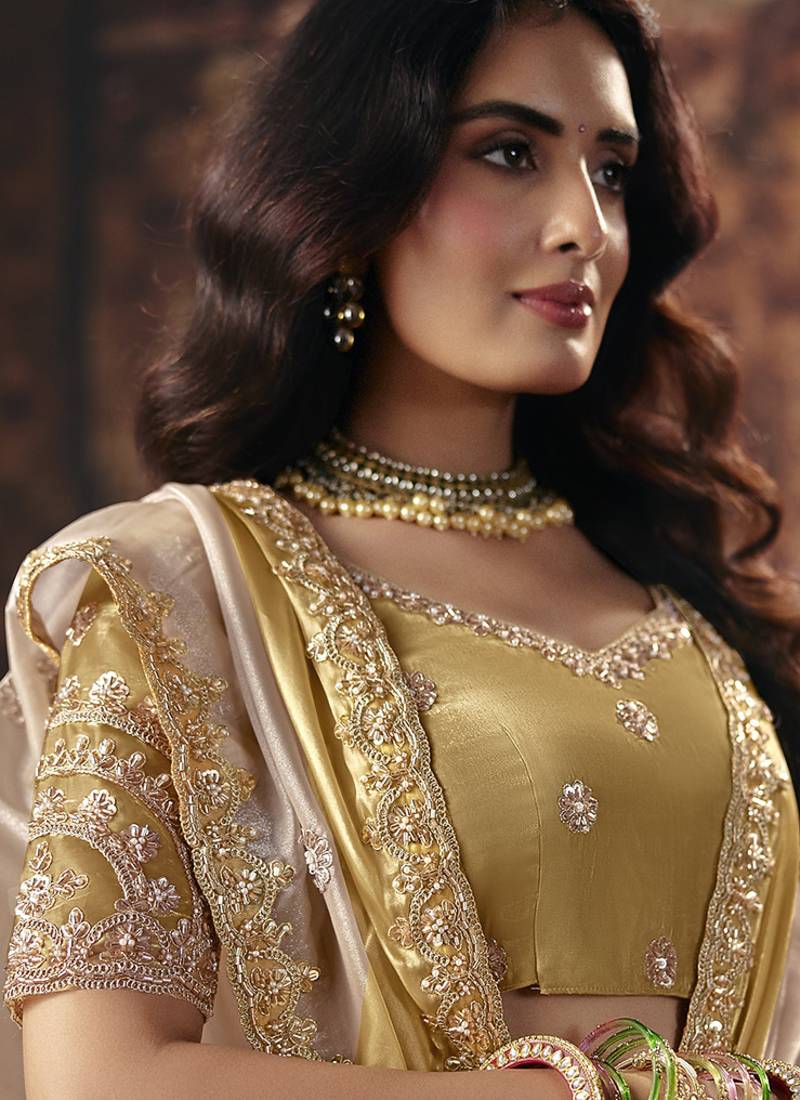 golden off white satin patta sequince work party wear saree
