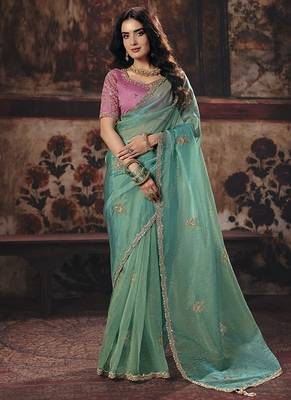 sky blue sequince work party wear saree 1