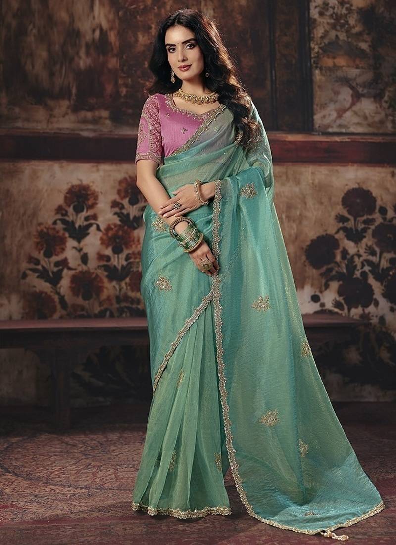 sky blue sequince work party wear saree