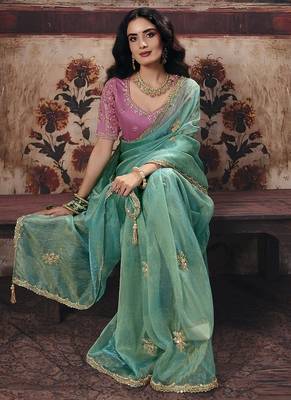sky blue sequince work party wear saree 2