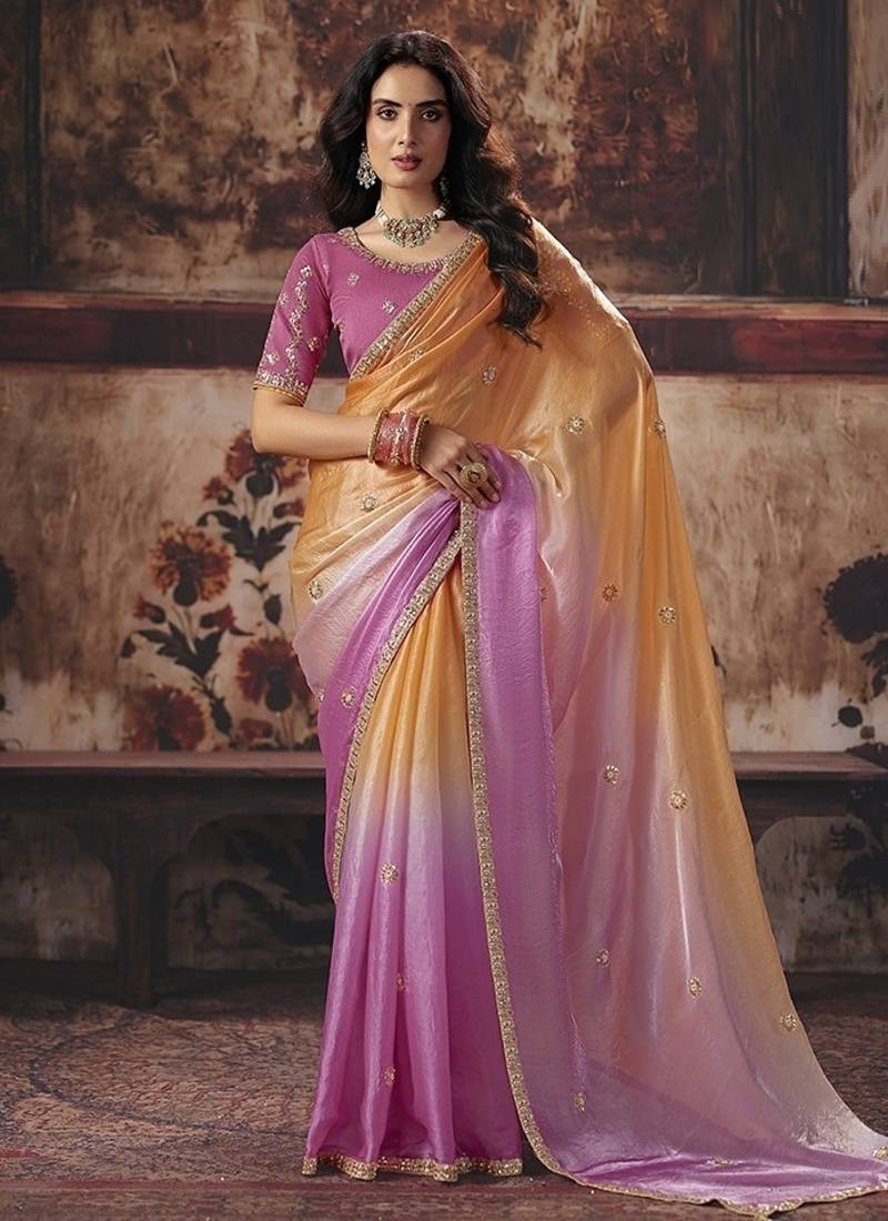 multicolor satin sequince work party wear saree