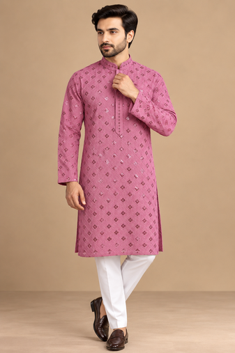 Dusty Pink Trending Heavy Rayon Lakhnavi Sequin Thread Work Ethnic Festive Wear Kurta With Pyjama