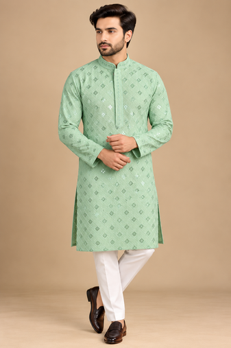 Light Green Trending Heavy Rayon Lakhnavi Sequin Thread Work Ethnic Festive Wear Kurta With Pyjama