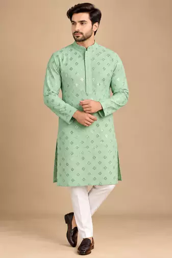 Light Green Trending Heavy Rayon Lakhnavi Sequin Thread Work Ethnic Festive Wear Kurta With Pyjama