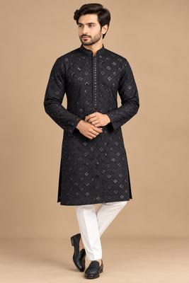 Black Trending Heavy Rayon Lakhnavi Sequin Thread Work Ethnic Festive Wear Kurta With Pyjama 1