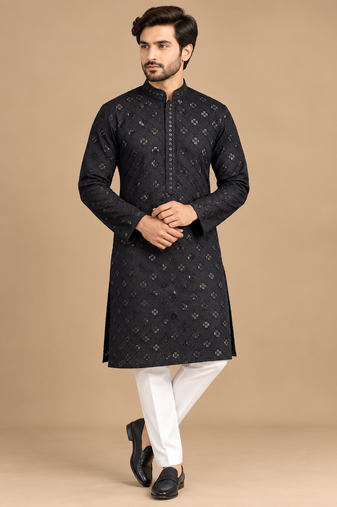 Black Trending Heavy Rayon Lakhnavi Sequin Thread Work Ethnic Festive Wear Kurta With Pyjama