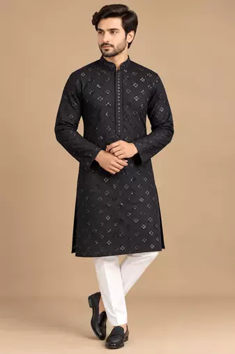Black Trending Heavy Rayon Lakhnavi Sequin Thread Work Ethnic Festive Wear Kurta With Pyjama