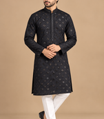 Black Trending Heavy Rayon Lakhnavi Sequin Thread Work Ethnic Festive Wear Kurta With Pyjama