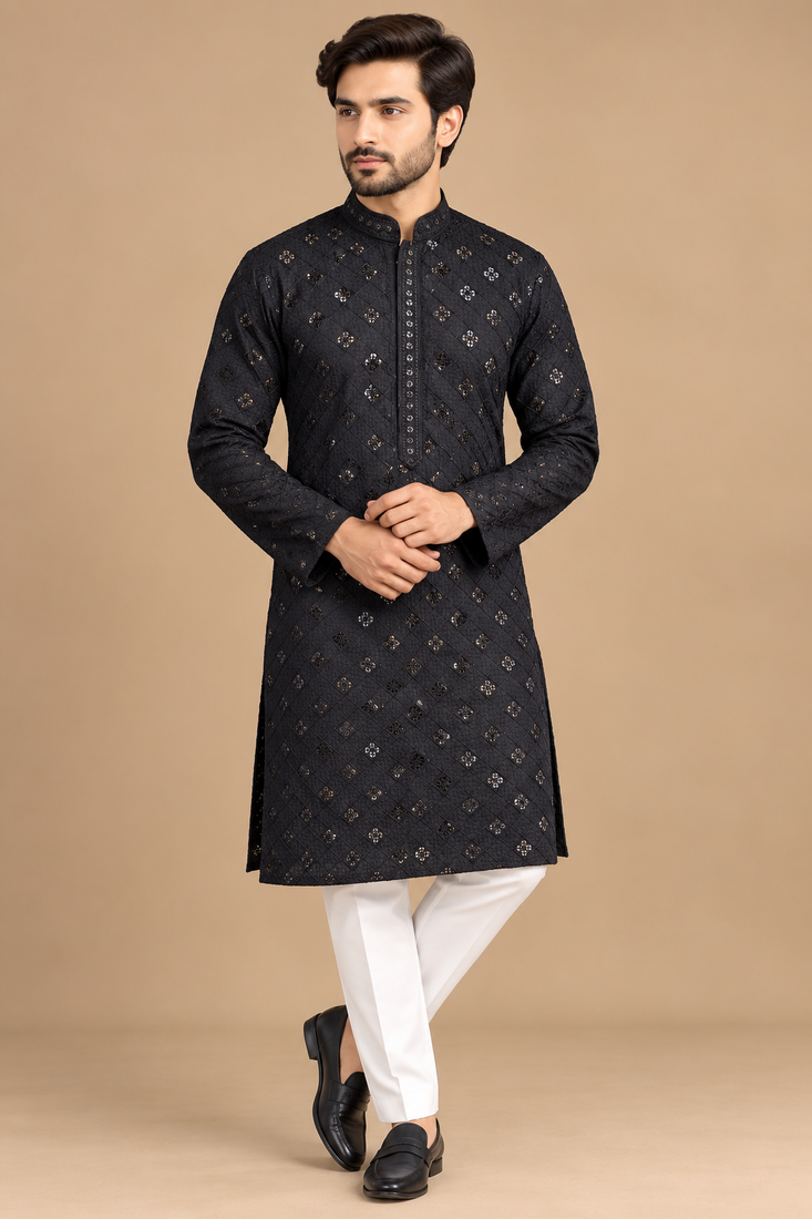 Black Trending Heavy Rayon Lakhnavi Sequin Thread Work Ethnic Festive Wear Kurta With Pyjama