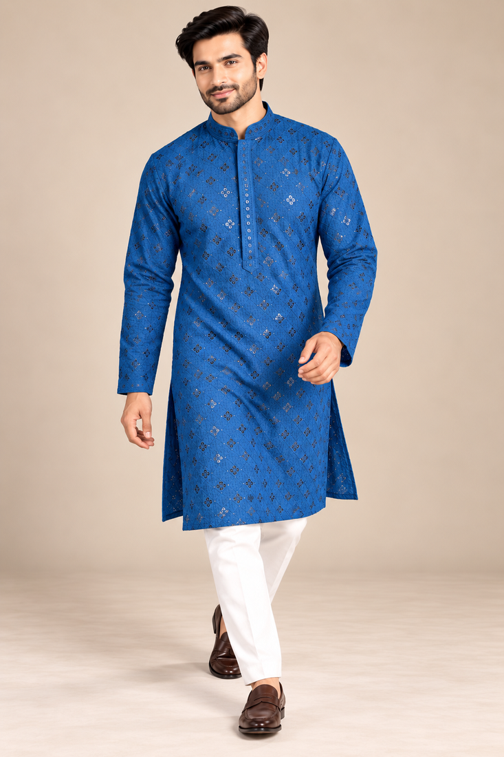 Blue Trending Heavy Rayon Lakhnavi Sequin Thread Work Ethnic Festive Wear Kurta With Pyjama