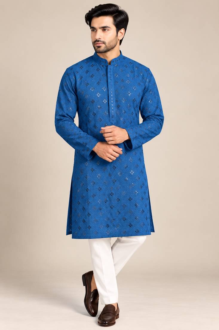 Blue Trending Heavy Rayon Lakhnavi Sequin Thread Work Ethnic Festive Wear Kurta With Pyjama