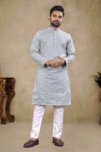 Grey Lakhnavi Thread Work Design Fabric Thai Silk Ethnic Festive Wear Kurta Pyjama